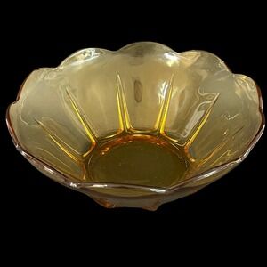 Anchor Hocking Amber Glass Scalloped Edge Sunburst Bowl‎ Candy Vintage Art Glass